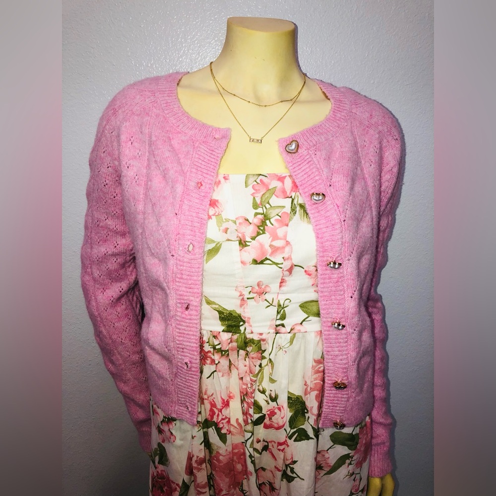 Celebrity Pink Light Pink Cable Knit Cardigan with Heart Buttons
